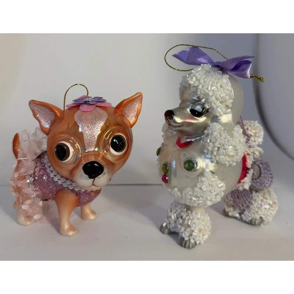 Glass Dog Christmas Ornaments Set Chihuahua Poodle Beaded Sequin Kitsch Decor